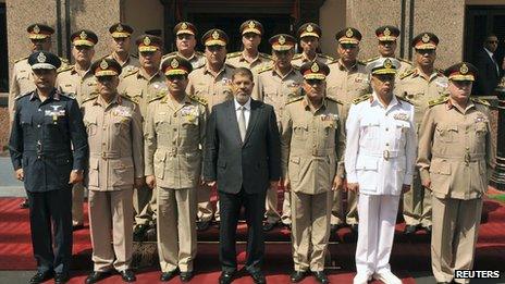 President Mohamed Morsi (C) with then Defence Minister Abdel Fattah al-Sisi (centre L) and other members of Scaf in October 2012