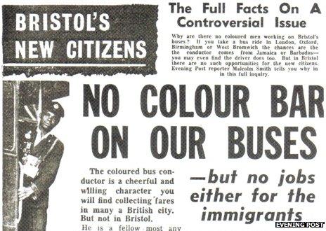 Newspaper headline reading: "No colour bar on the buses"