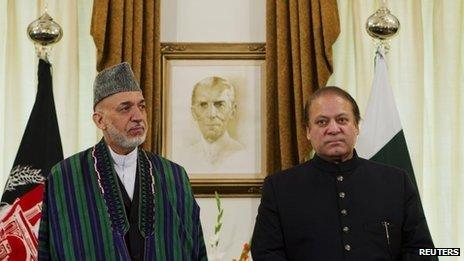 Hamid Karzai (left) and Nawaz Sharif in Islamabad on 26 August 2013
