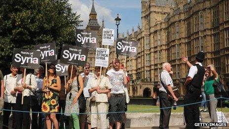 Anti-war protesters outside the Houses of Parliament on 29 August