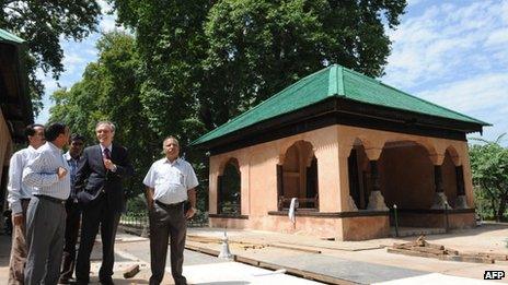 German ambassador to India, Michael Steiner (2R) inspects the Mughal Gardens Shalimar, the venue of a orchestral concert to be conducted by famed musician Zubin Mehta, in Srinagar on 3 August 2013