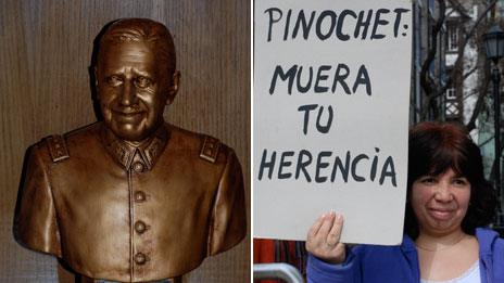 A photo of a bust of Gen Augusto Pinochet (left) and a woman holding up a sign saying "Pinochet: may your legacy die" at a protest in September 2013
