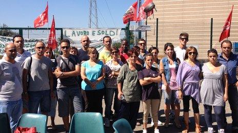 Former employees protest outside Firem, near Modena, northern Italy