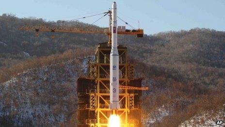In this 12 December 2012 file photo released by Korean Central News Agency, North Korea's Unha-3 rocket lifts off from the Sohae launch pad in Tongchang-ri, North Korea
