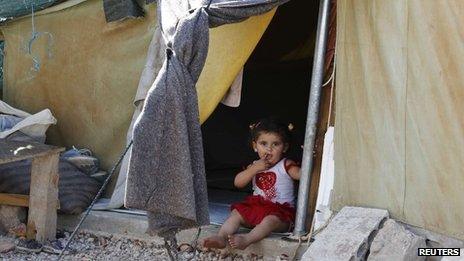 A Syrian refugee child who arrived in Lebanon with her family from Damascus