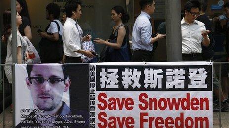 Snowden banner in Hong Kong