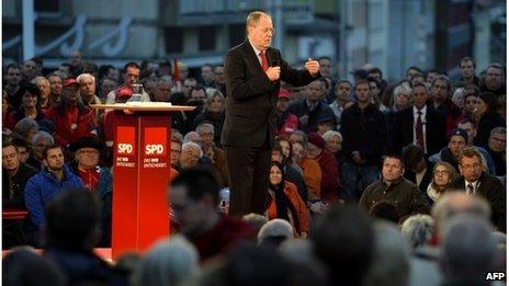 Peer Steinbrueck delivers his speech at an election campaign event