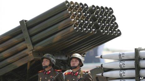 File photo: North Korean soldiers parade with missiles and rockets during a mass military parade in Pyongyang, North Korea, 27 July 2013
