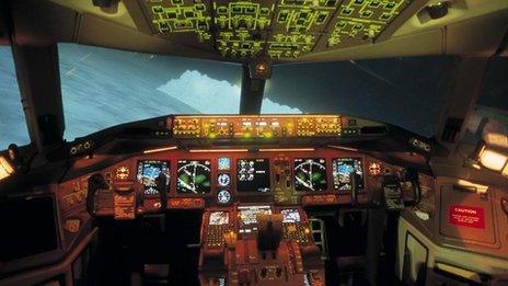 Inside a Boeing 777 aircraft simulator