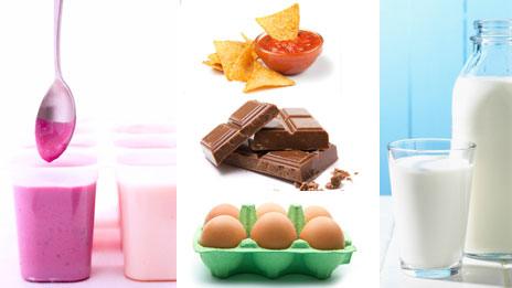 Clockwise from left: Yogurt, tortilla chips, milk, eggs and chocolate,