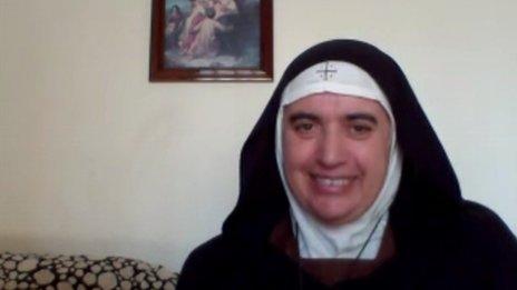 Mother Superior Agnes Mariam de la Croix during her video conference call with the BBC's Richard Galpin