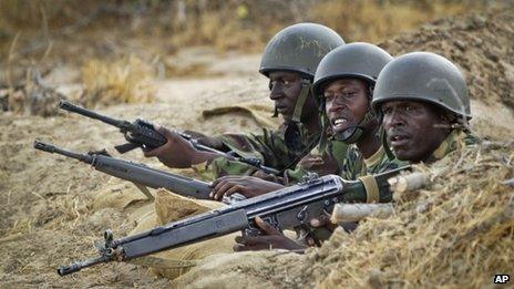 Kenyan army soldiers stand in dugout position at base in Tabda in Somalia on 20 February 2012.
