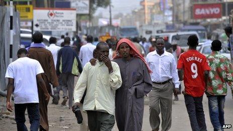 Residents of Eastleigh, a neighbourhood of Nairobi known for its densely Somali origin population, walking in Eastleigh on 18 January 2010