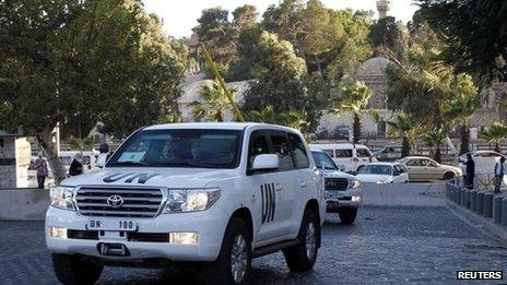 UN vehicles transporting a team of experts from the Organisation for the Prohibition of Chemical Weapons are pictured as they return to their hotel in Damascus, 3 October, 2013.