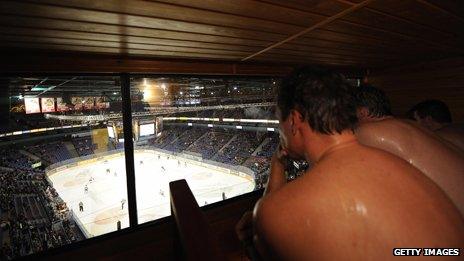 Watching ice hockey from a sauna box in Hartwall Arena