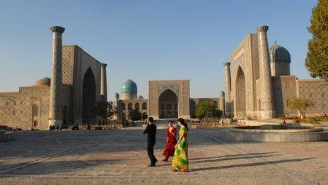 The Registan, an ensemble of medieval madrassas in Samarkand, Uzbekistan (November 2007)