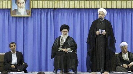 Mahmoud Ahmadinejad, Ayatollah Ali Khamenei, and Hassan Rouhani