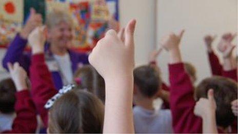 Children give thumbs up in classroom