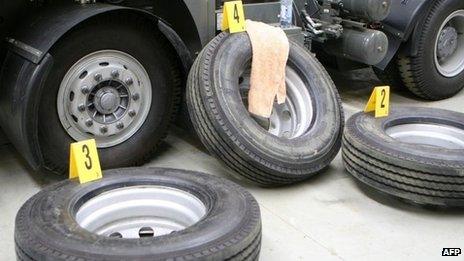 An undated handout photo received on 11 October 2013 show tyres which contained methamphetamine with a street value of A$200m ($190m, £125m), which arrived in Melbourne on a truck from China
