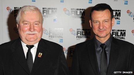 Lech Walesa and actor Robert Wieckiewicz attend a screening of "Walesa Man Of Hope" during the 57th BFI London Film Festival at Odeon West End on October 11,