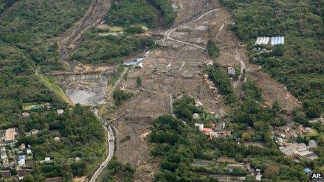 Houses in a residential area in Oshima are buried by mudslides after a powerful typhoon hit Izu Oshima island on 16 October 2013