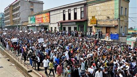 Thousands of Ethiopian opposition activists demonstrate in Addis Ababa on June 2, 2013 calling for government reforms and the release of political prisoners.