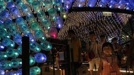 Recycled plastic bottles filled with LED lights