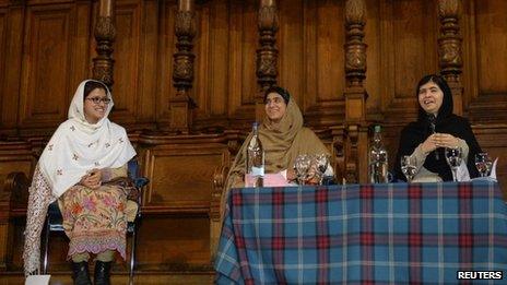 Malala Yousafzai (right) reunited with her friends Kainat Riaz and Shazia Ramzan