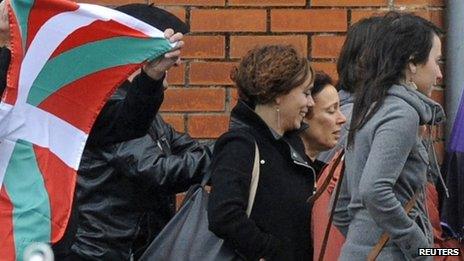 Basque separatist militant Ines del Rio (C) walks with supporters after she was freed from jail in Teixeiro, October 22, 2013