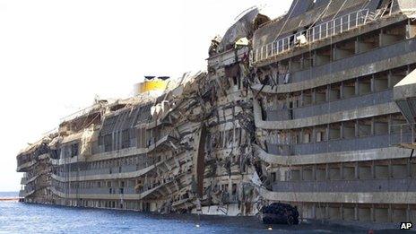 The Costa Concordia after it was brought upright in September