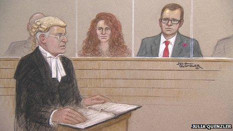 Court sketch of prosecutor Andrew Edis, Rebekah Brooks and Andy Coulson