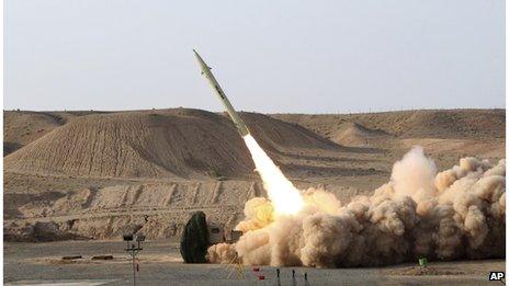 This photo released by the Iranian Defence Ministry claims to show the launch of the Fateh-110 short-range surface-to-surface missile by Iranian armed forces, at an undisclosed location (file photo)