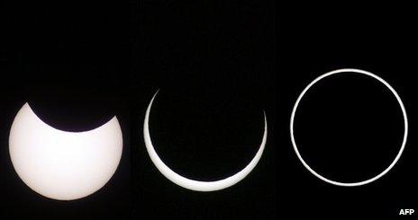 Composite of three pictures showing an annular eclipse in Arguzelo, Portugal, 3 October 2005