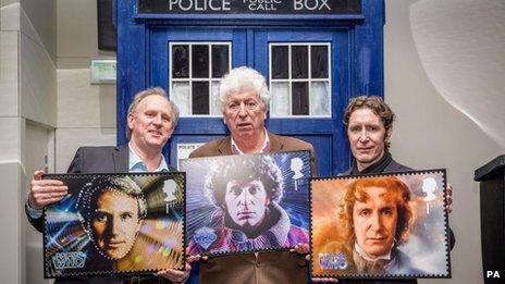 (from left) Peter Davison, Tom Baker and Paul McGann launching a set of Doctor Who stamps earlier this year