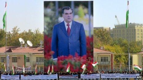 Giant billboards depicting President Imomali Rakhmon in Dushanbe. Photo: 3 November 2013