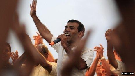 Former President Mohamed Nasheed at a march in Male, October 18, 2013