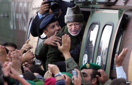 Yasser Arafat is flown by helicopter from Ramallah to Jordan (29 October 2004)