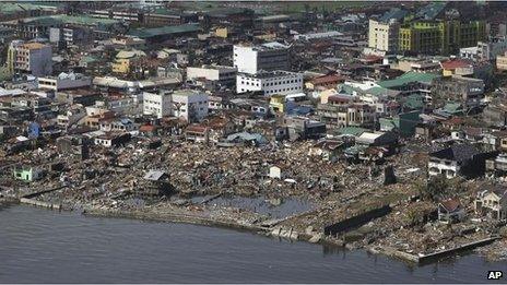 An aerial shot shows the devastation in Tacloban, 10 Nov