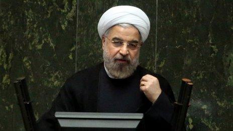 Iranian President Hassan Rouhani speaks during a parliament session in Tehran, Iran