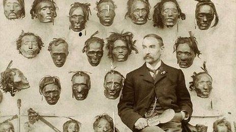 Major General Horatio Gordon Robley with his collection of Maori heads, 1895
