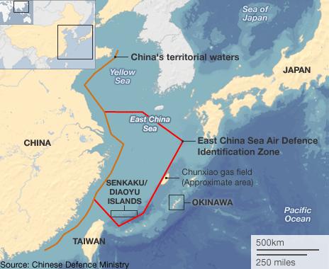 map of east china sea and declared air defence zone