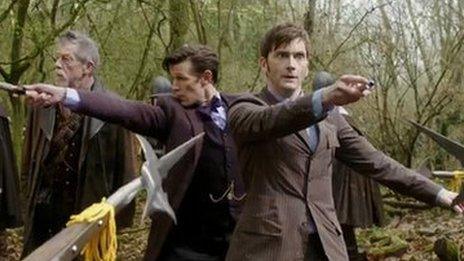 John Hurt, Matt Smith and David Tennant in a scene from Dr Who, The Day of the Doctor