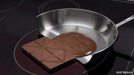 Chocolate half melting on induction heated pan