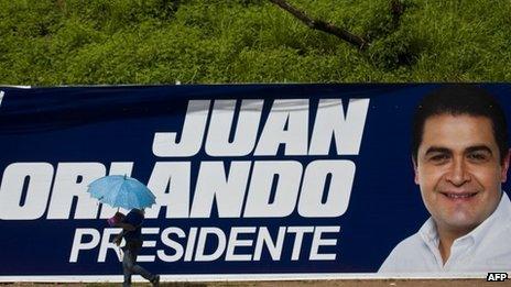 A banner of the Honduran presidential candidate Juan Orlando Hernandez