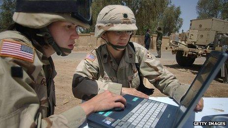 US soldiers using a laptop