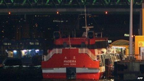 A high-speed ferry is seen docked in Hong Kong waters early on 29 November 2013 after it hit an "unidentified object" in the water as it was travelling from Hong Kong to Macau, injuring 80 people, according to Hong Kong's marine department