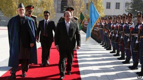 Afghan President Hamid Karzai walks with Pakistan's Prime Minister Nawaz Sharif during a guard of honour ceremony