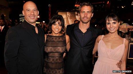 Walker with co-stars Vin Diesel, Michelle Rodriguez and Jordana Brewster