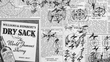 Doodles by Abram Games on a sheet of newspaper, showing early versions of his BBC TV symbol, which was later said to look like a bat