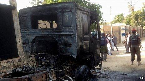 Burned out lorry near air force base in Maiduguri. 2 Dec 2013